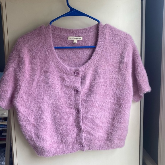 La Hearts Sweaters - FUZZY PINK BUTTON-DOWN CROPPED SWEATER